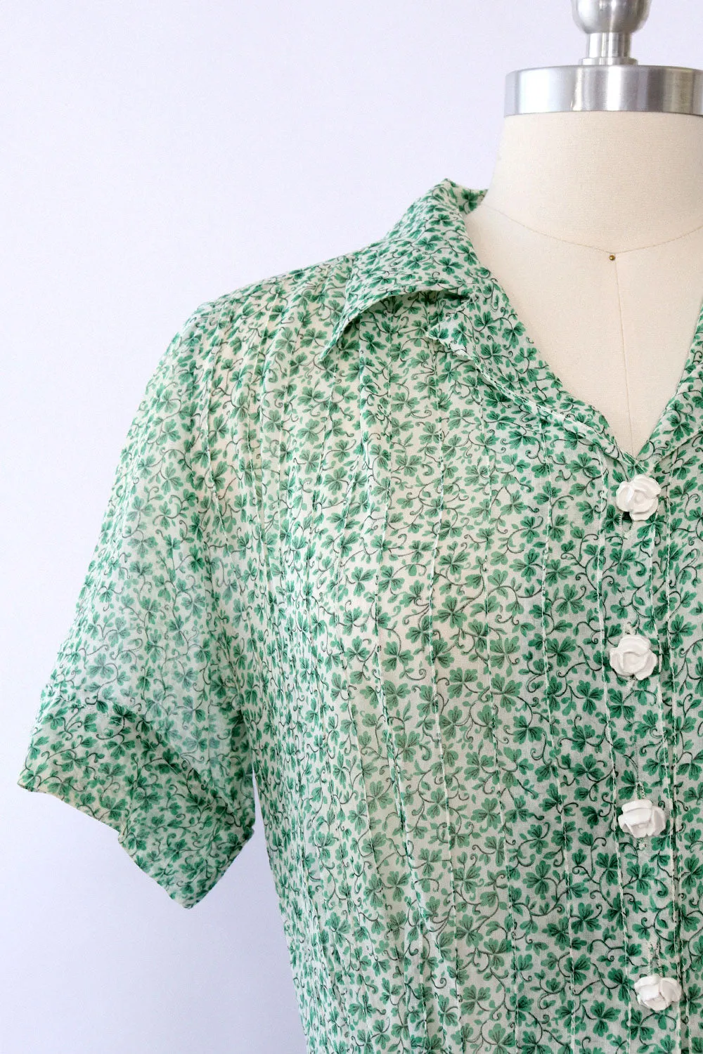 1940s Sheer Shamrock Day Dress M/L