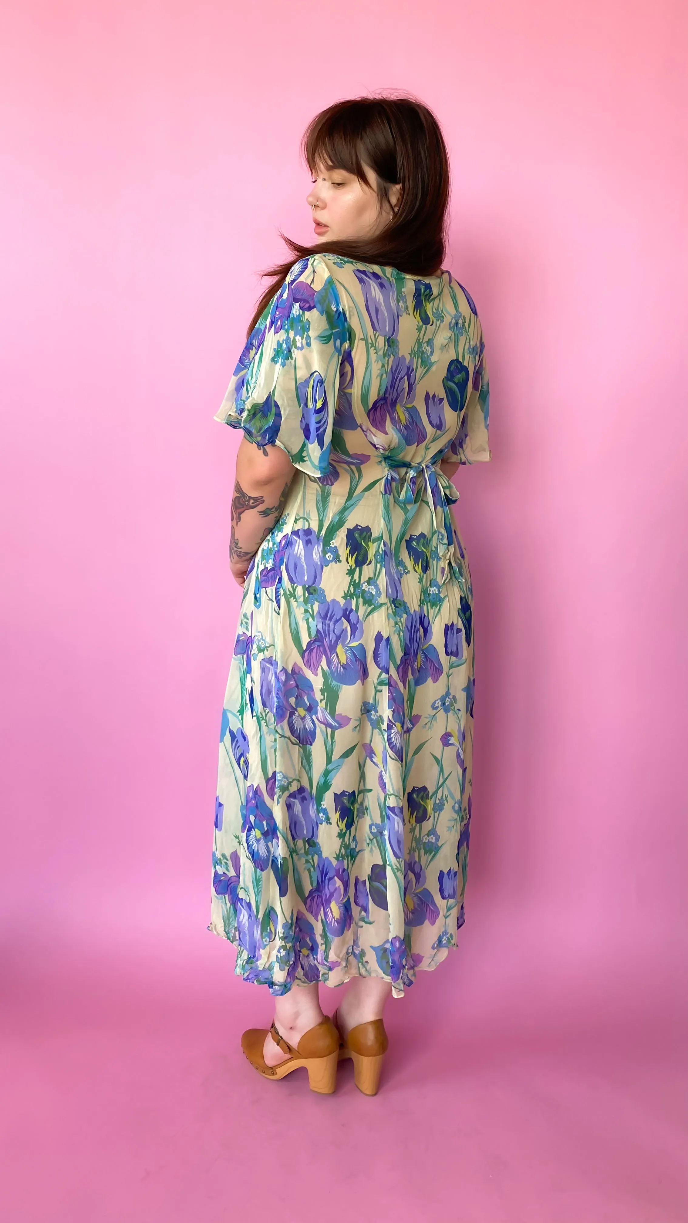 1990s Sheer Green Floral Maxi Dress, sz. 2XL