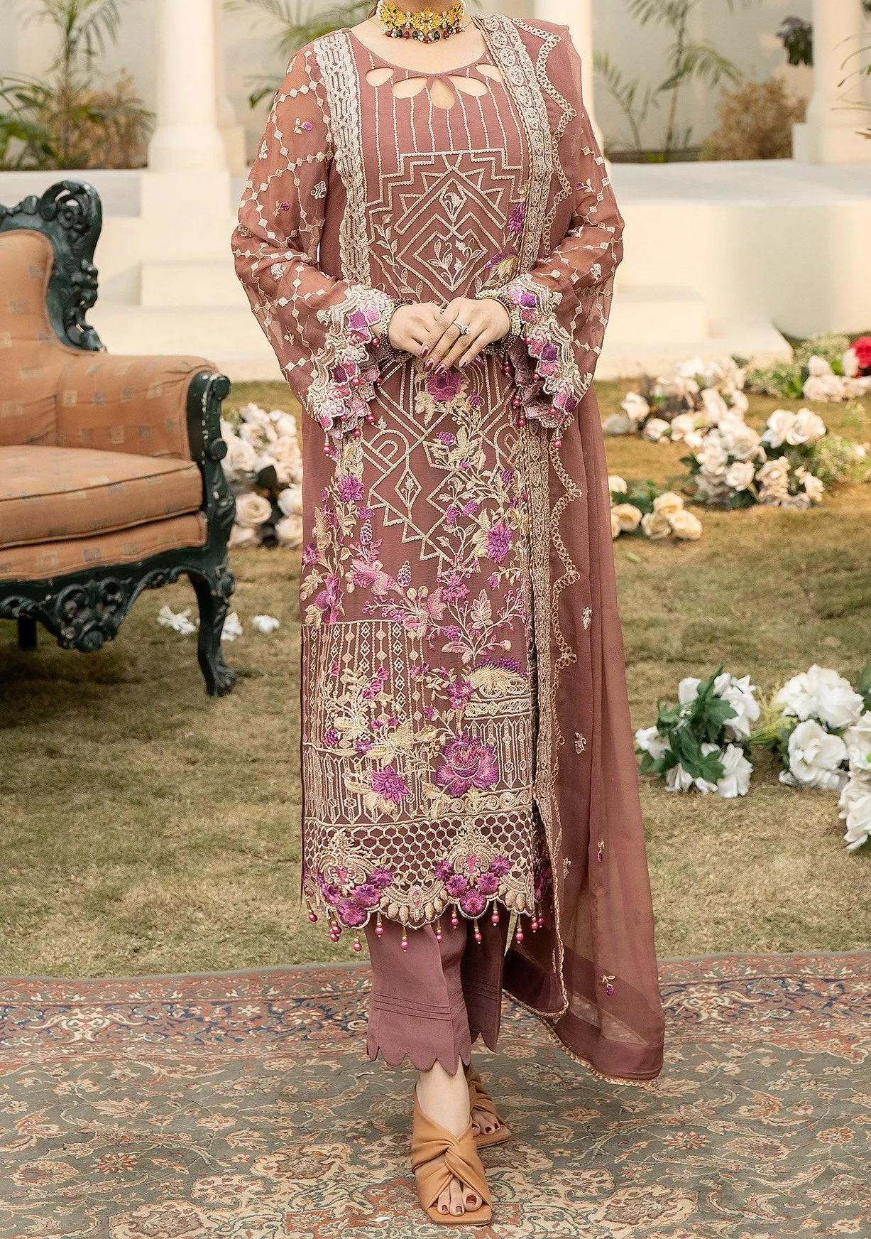 Adan's Libas Brandy Rose Luxury Pakistani Chiffon Dress