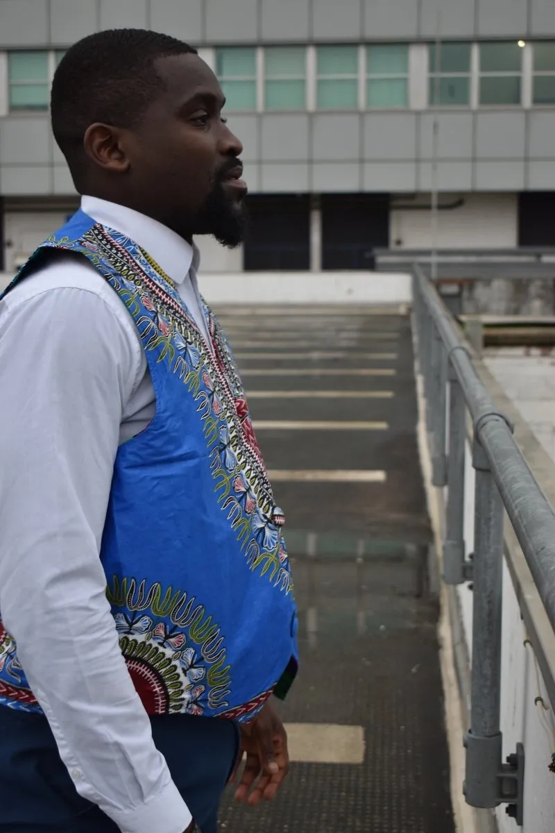 African Waistcoat in Blue Dashiki - Reversible