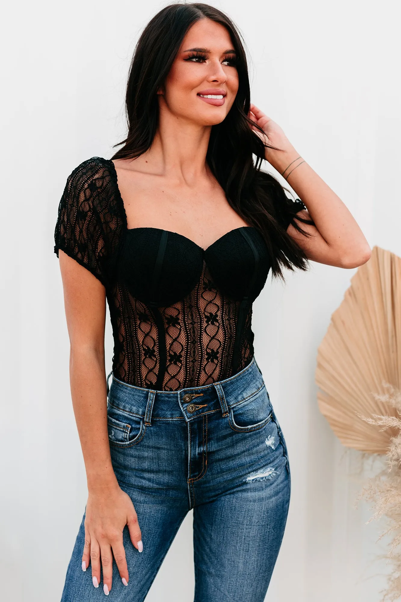 Ambrose Puff Sleeve Sheer Lace Bodysuit (Black)