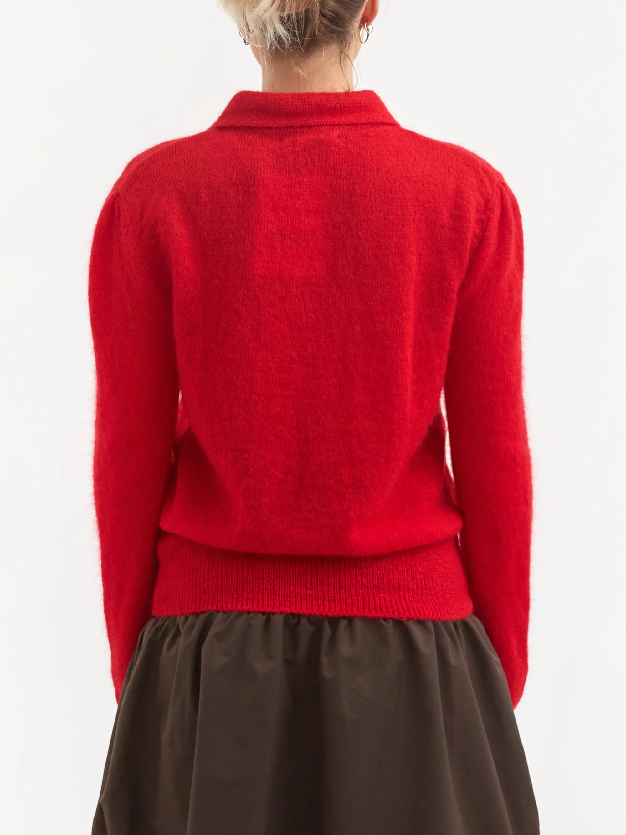 AMOMENTO Sheer Collar Knit Pullover - Red