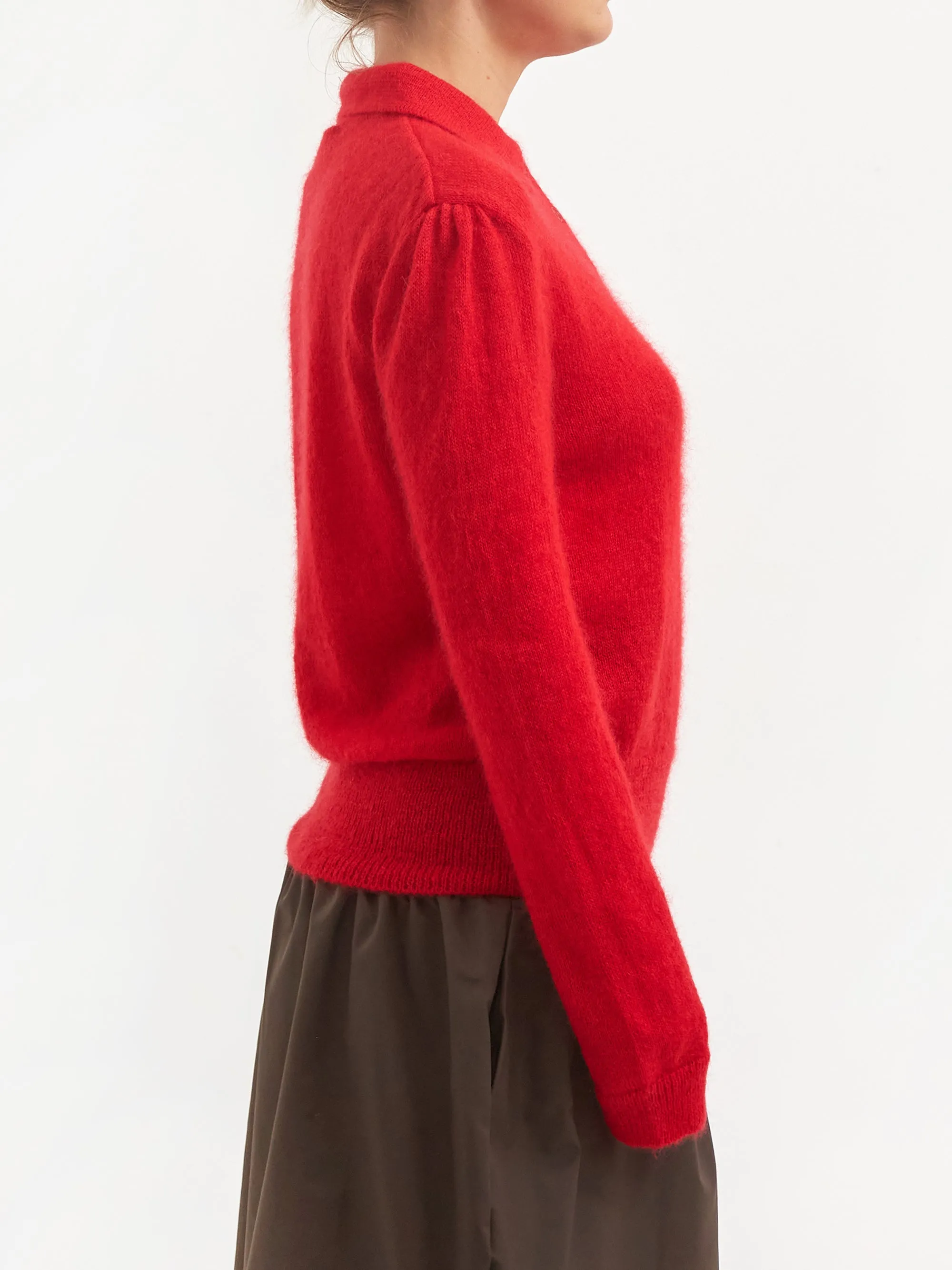 AMOMENTO Sheer Collar Knit Pullover - Red