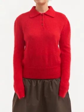 AMOMENTO Sheer Collar Knit Pullover - Red