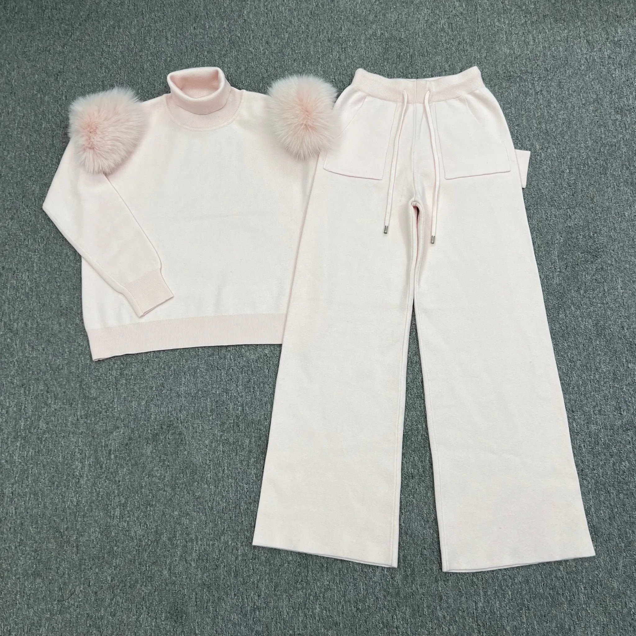 Baby Pink Luxury Fur Roll Neck Wide Leg Tracksuit