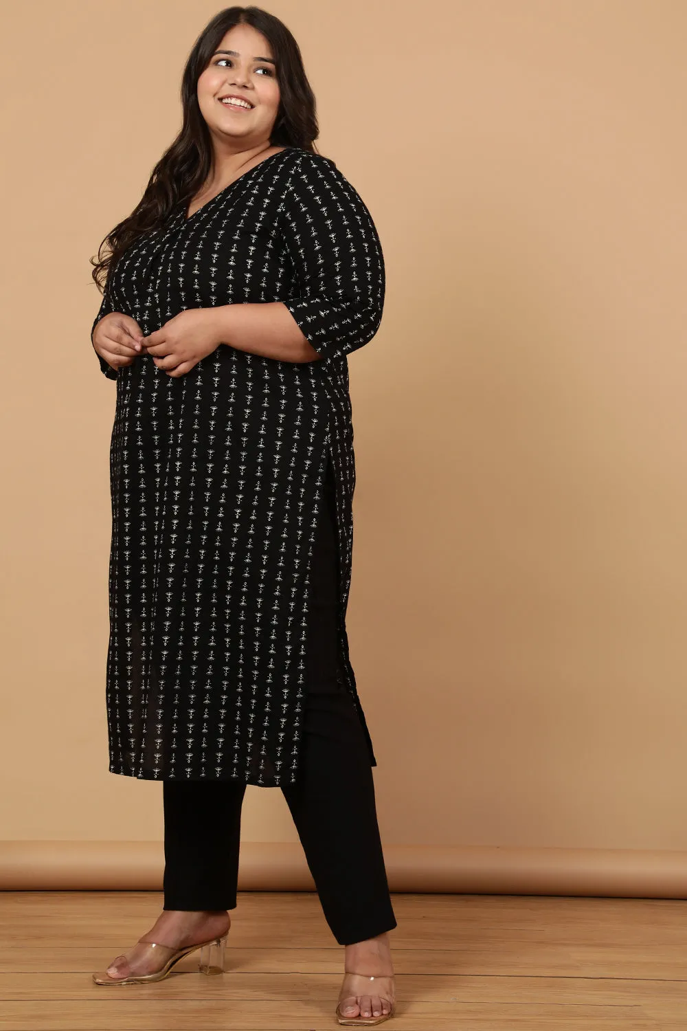 Black Linear Printed Cotton Kurta