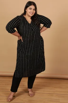 Black Linear Printed Cotton Kurta