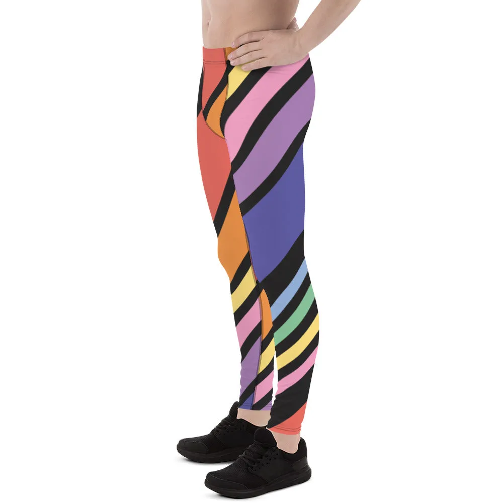 Black Rainbow Stripes Meggings, Colorful Patterned Designer Best Men's Leggings - Made in USA/EU/MX