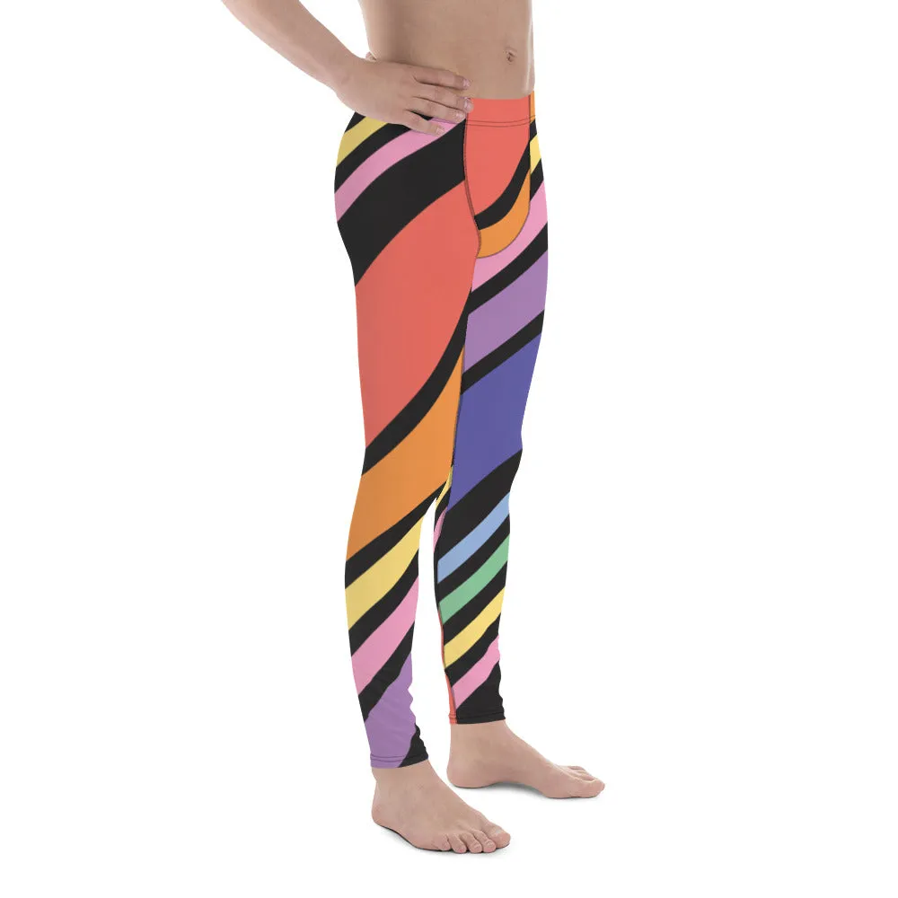 Black Rainbow Stripes Meggings, Colorful Patterned Designer Best Men's Leggings - Made in USA/EU/MX