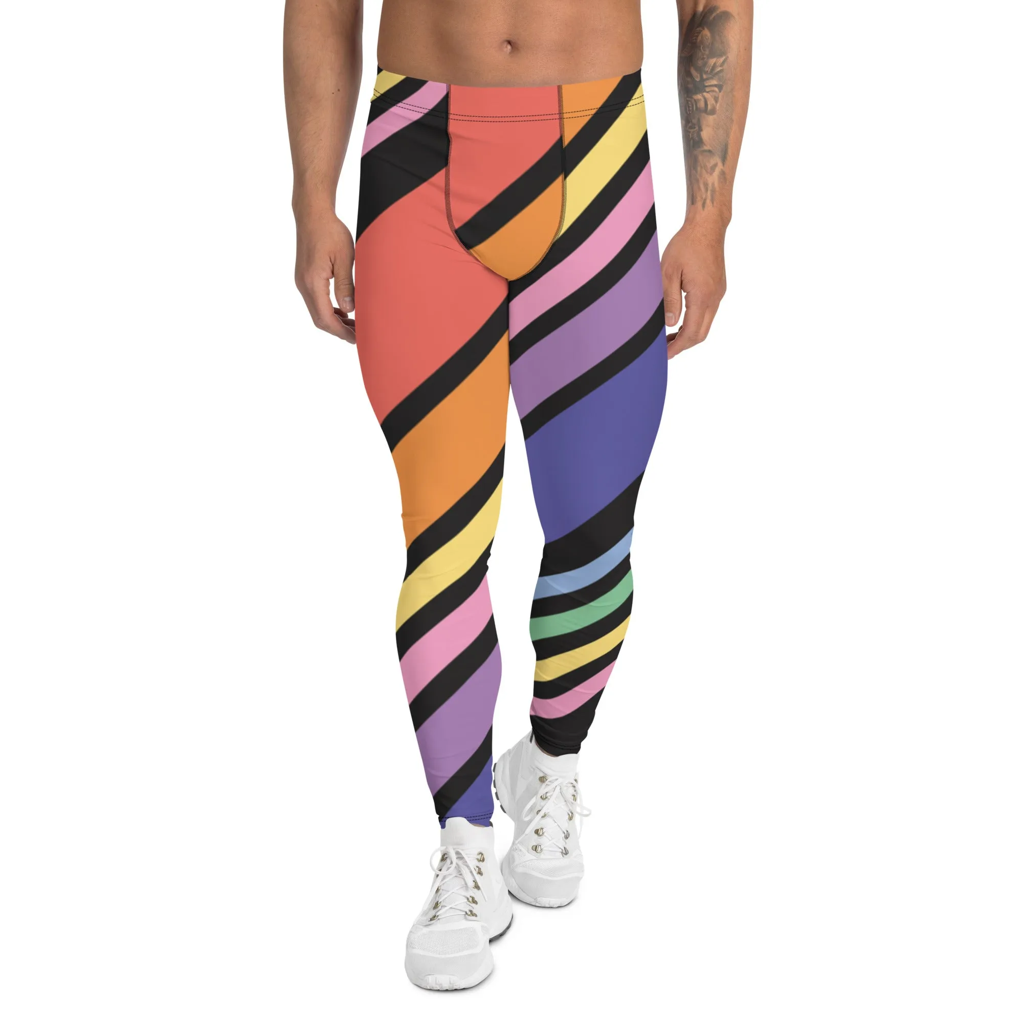 Black Rainbow Stripes Meggings, Colorful Patterned Designer Best Men's Leggings - Made in USA/EU/MX