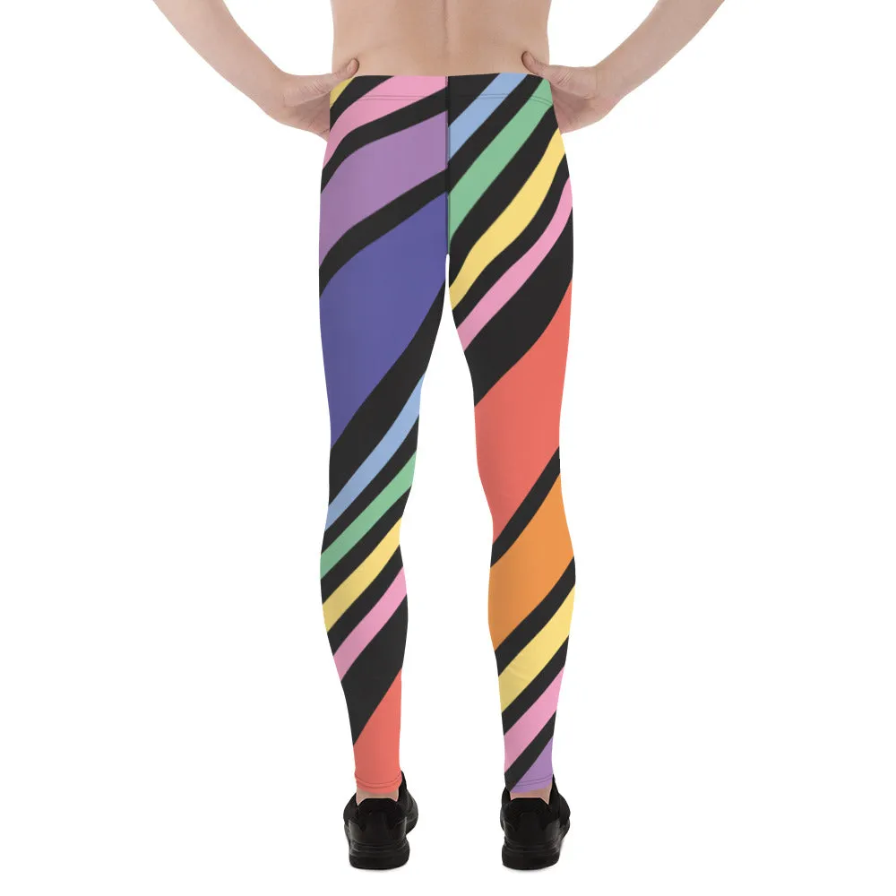 Black Rainbow Stripes Meggings, Colorful Patterned Designer Best Men's Leggings - Made in USA/EU/MX