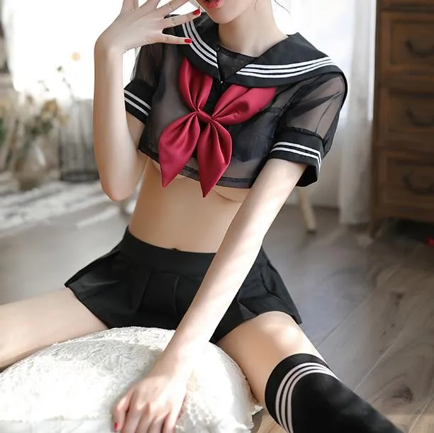 Black Transparent Sheer Short School Uniform SD00499