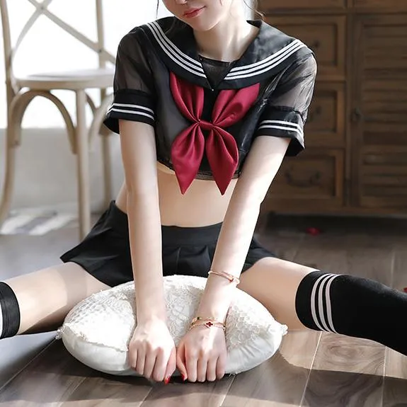 Black Transparent Sheer Short School Uniform SD00499