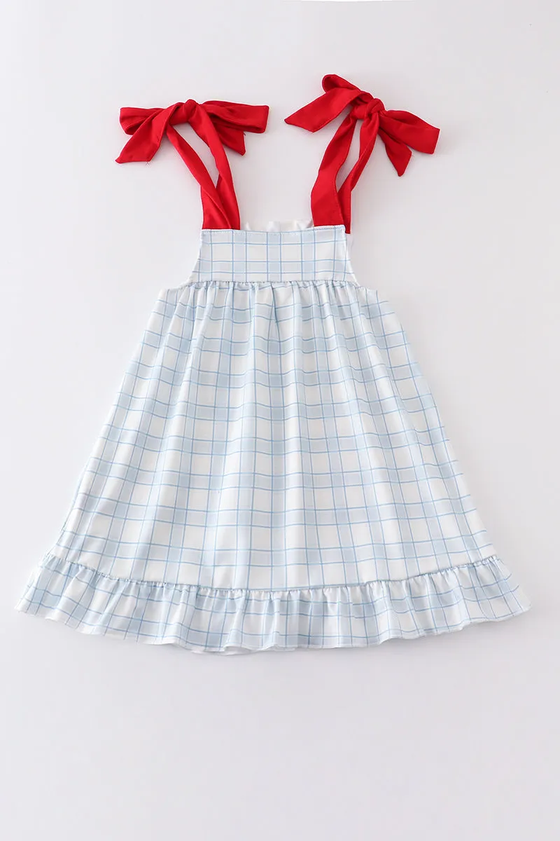 Blue plaid farm embroidery girl dress