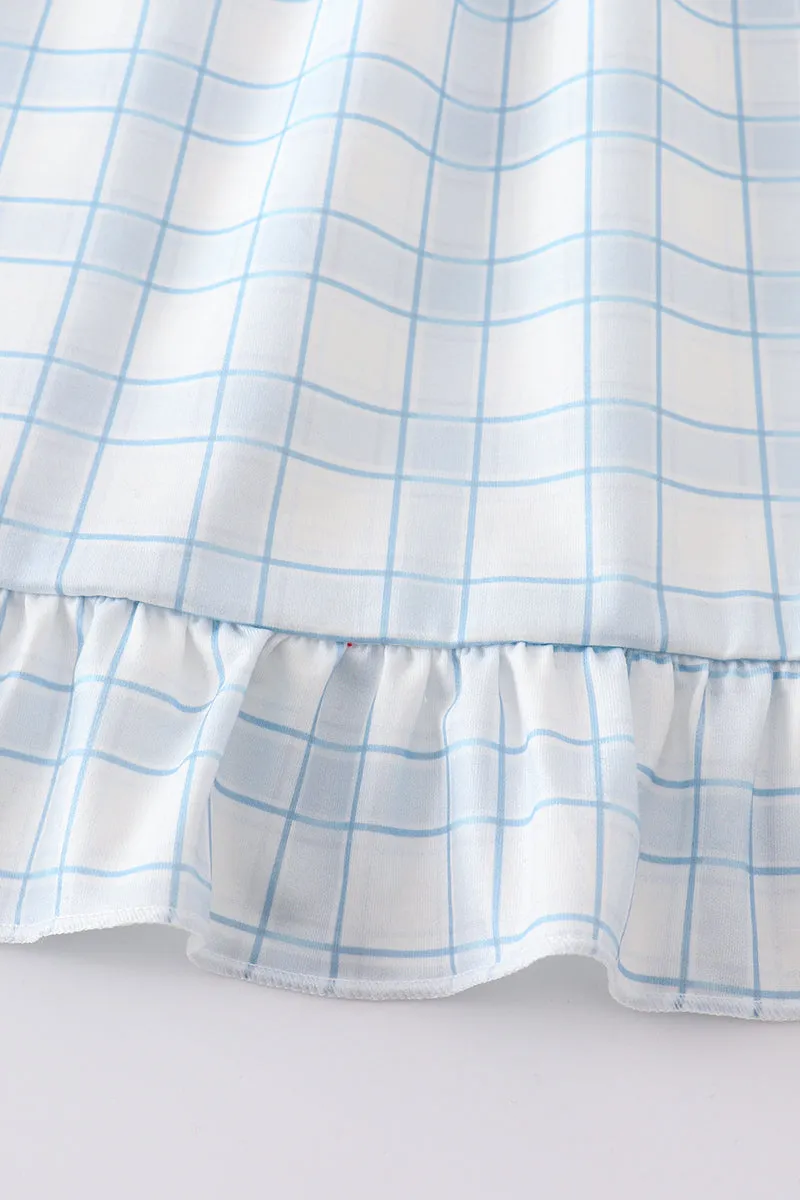 Blue plaid farm embroidery girl dress