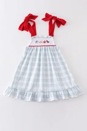 Blue plaid farm embroidery girl dress