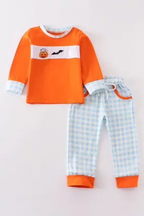 Blue plaid halloween embroidery boy set