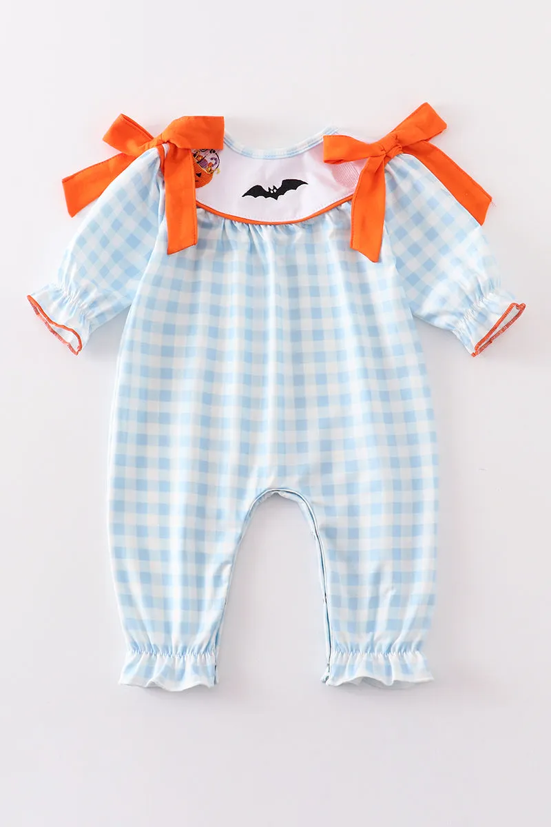 Blue plaid halloween embroidery girl romper