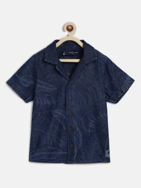 Boys Dark Blue Printed Shirt