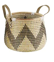 BROWN SEAGRASS HANDMADE ZIGZAG PATTERNED STORAGE BASKET WITH BLACK AND WHITE PLASTIC WEAVING AND LEATHER HANDLES