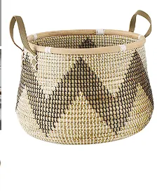 BROWN SEAGRASS HANDMADE ZIGZAG PATTERNED STORAGE BASKET WITH BLACK AND WHITE PLASTIC WEAVING AND LEATHER HANDLES