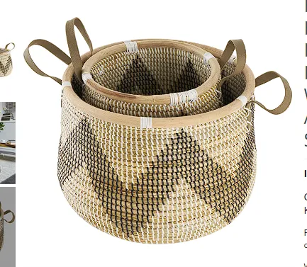 BROWN SEAGRASS HANDMADE ZIGZAG PATTERNED STORAGE BASKET WITH BLACK AND WHITE PLASTIC WEAVING AND LEATHER HANDLES