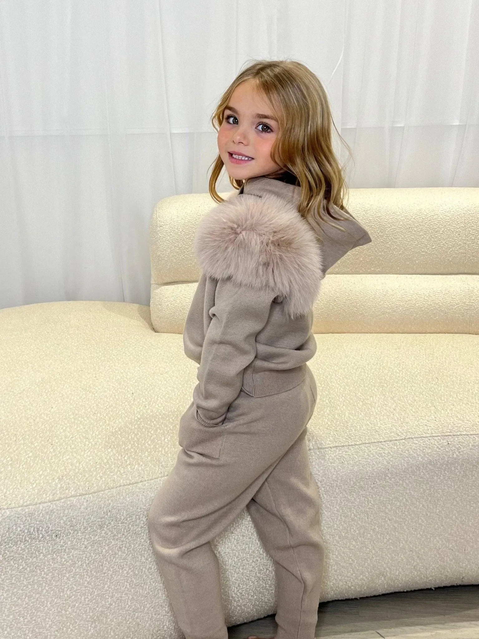 Childrens Beige Luxury Fur Tracksuit