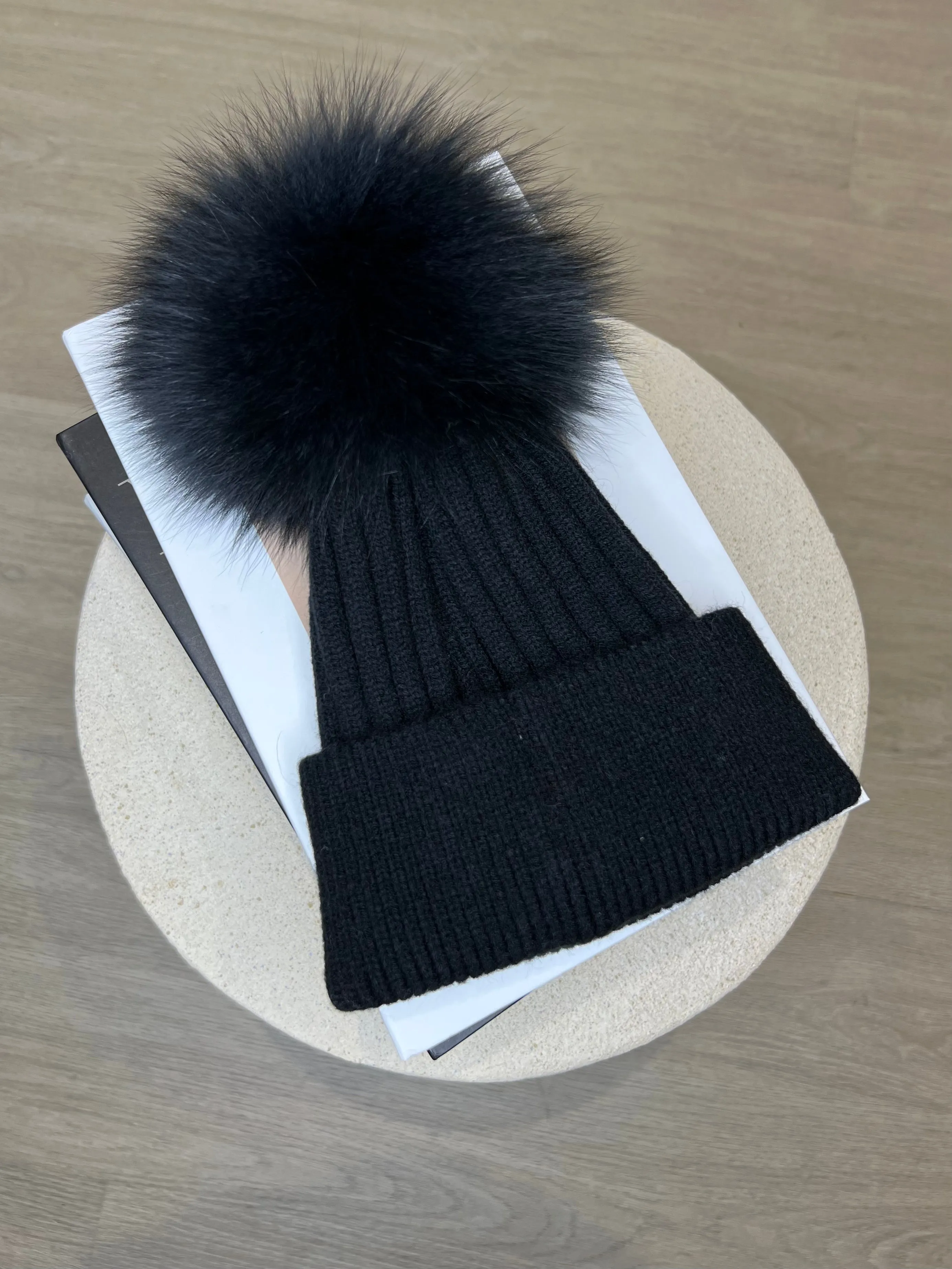 Childrens Black Luxury Fur Bobble Hat