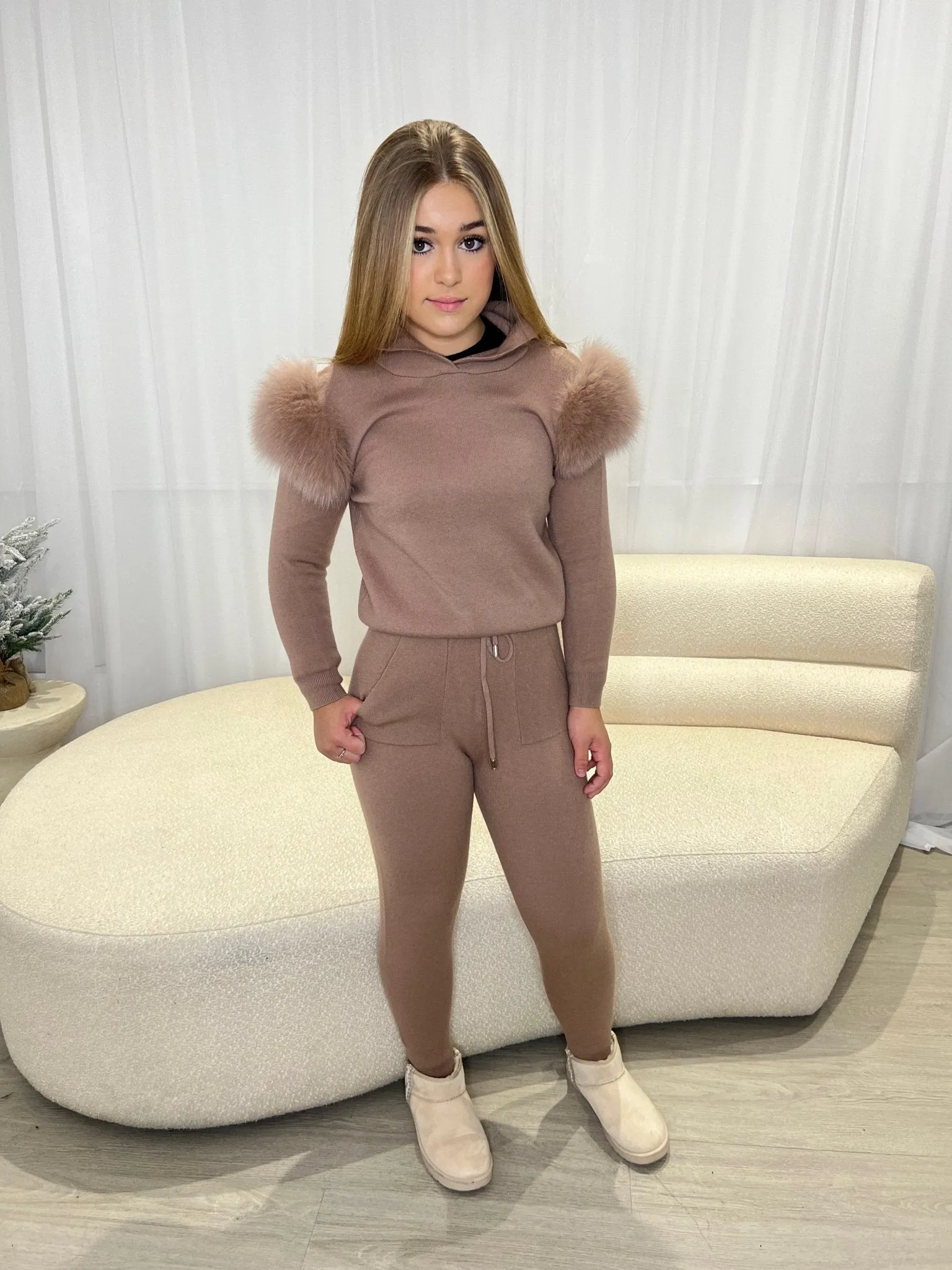 Childrens Taupe Luxury Fur Tracksuit