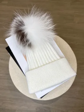 Childrens White/Two Tone Luxury Fur Bobble Hat