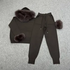 Chocolate Luxury Fur Trim Hood & Cuff Jogger Tracksuit