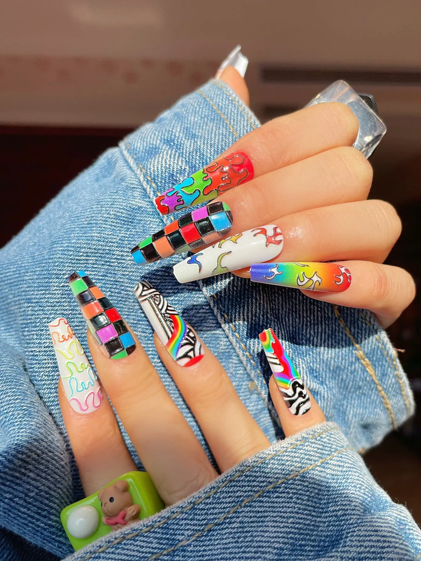 Coffin Rainbow Plaid Press On Nail