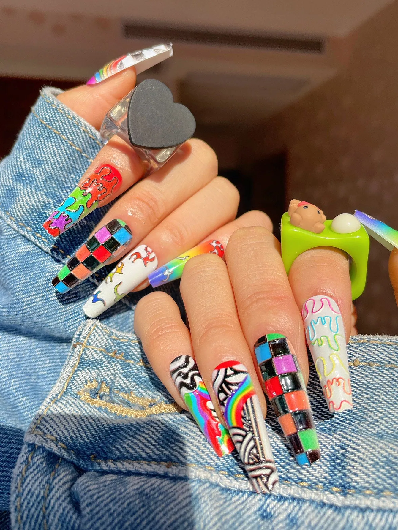 Coffin Rainbow Plaid Press On Nail