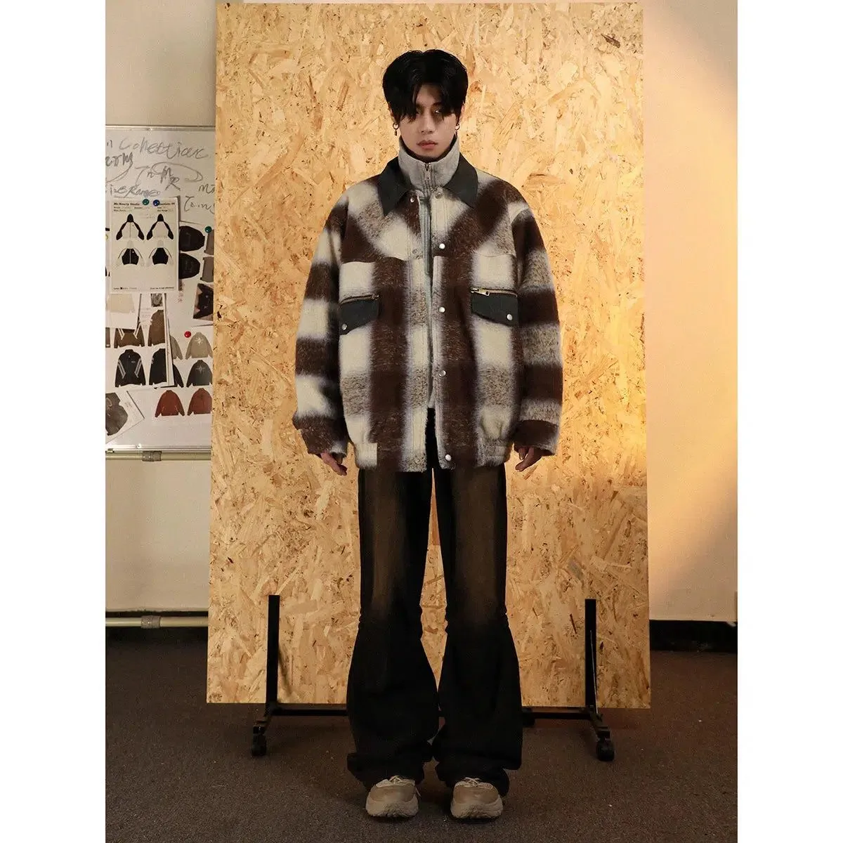 Collared Plaid Fur Jacket