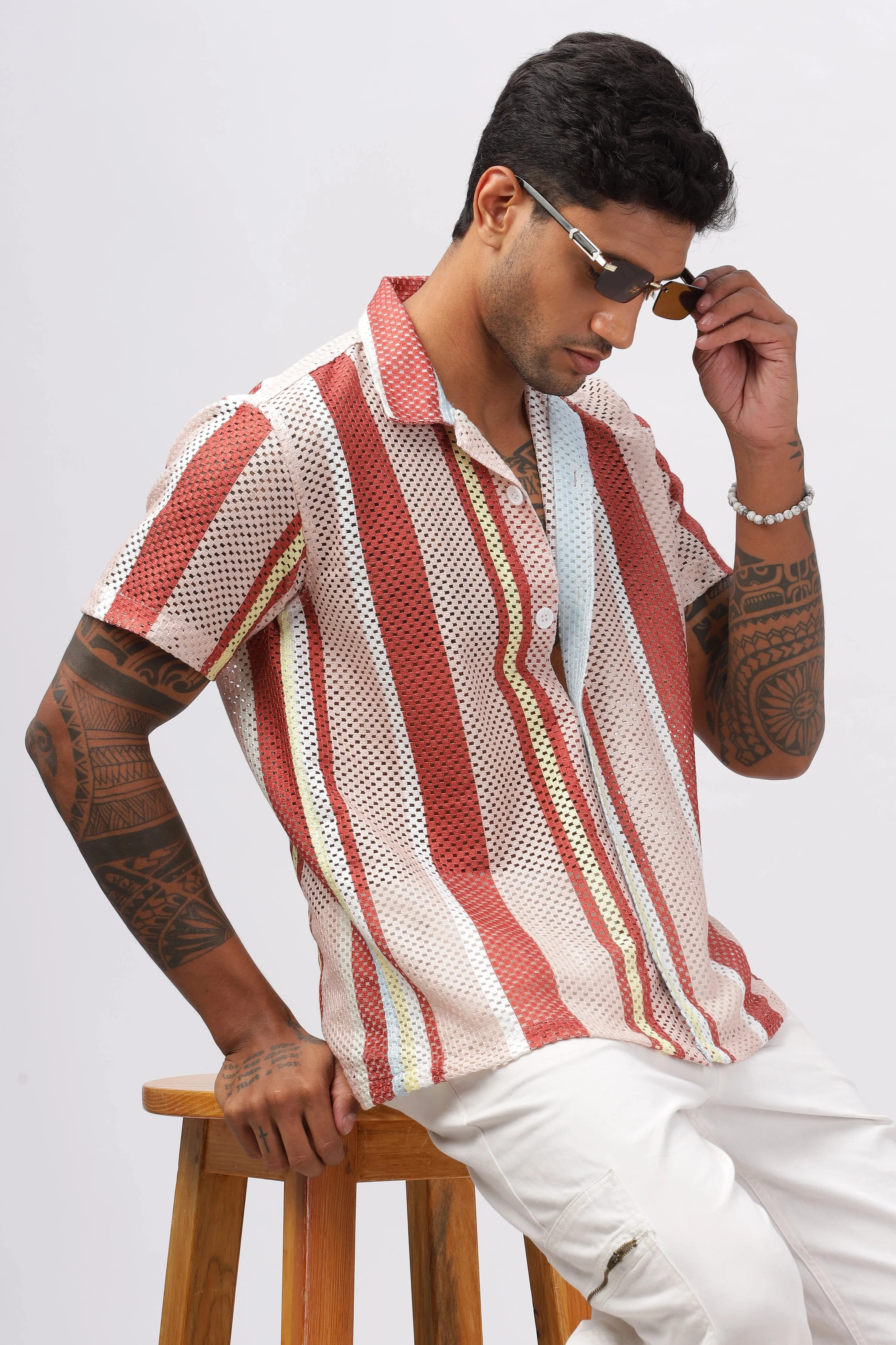 Crochet red stripe printed shirt