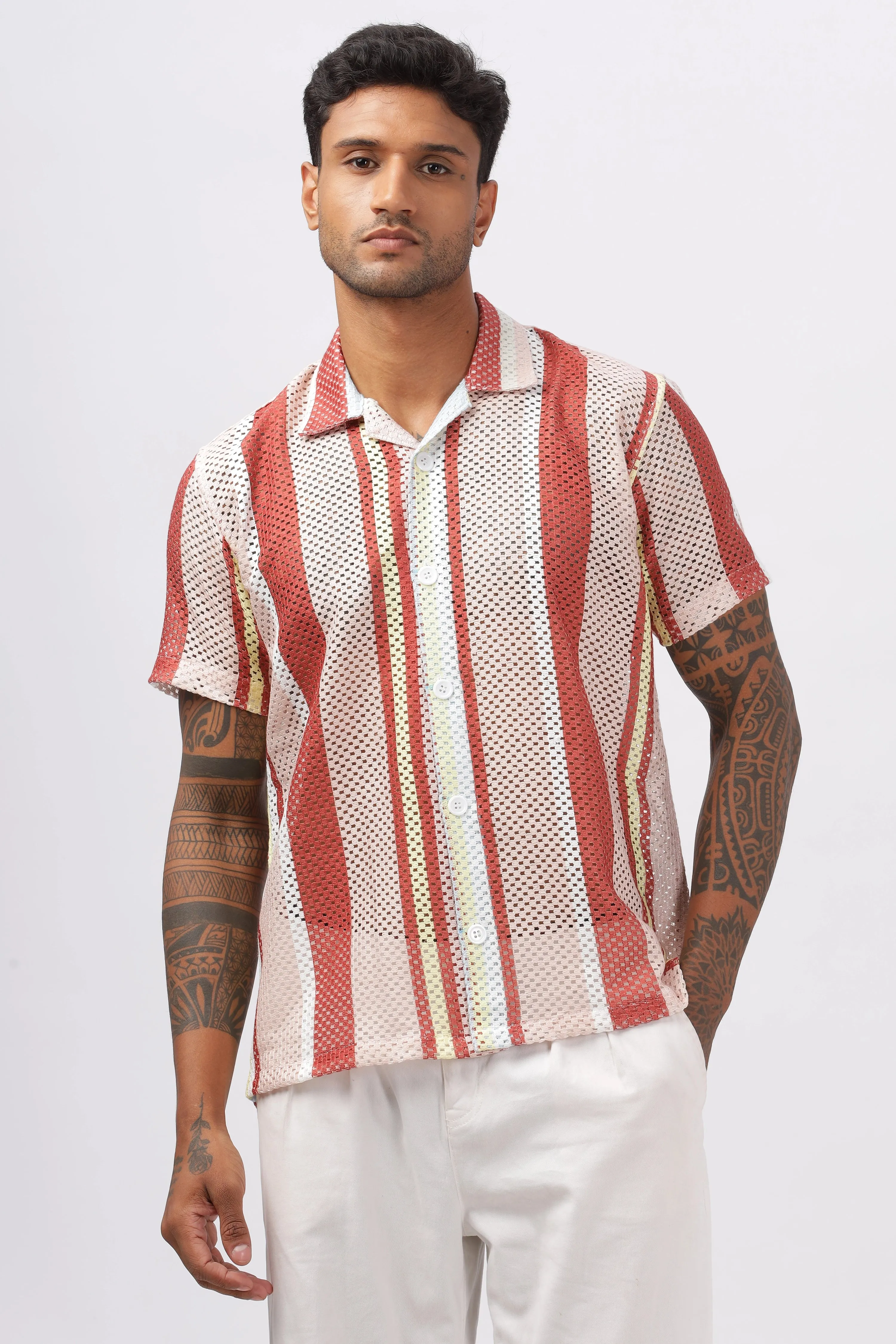 Crochet red stripe printed shirt