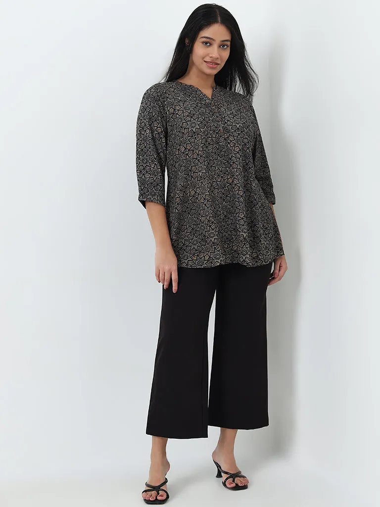 Diza Black Patterned A-Line Kurti