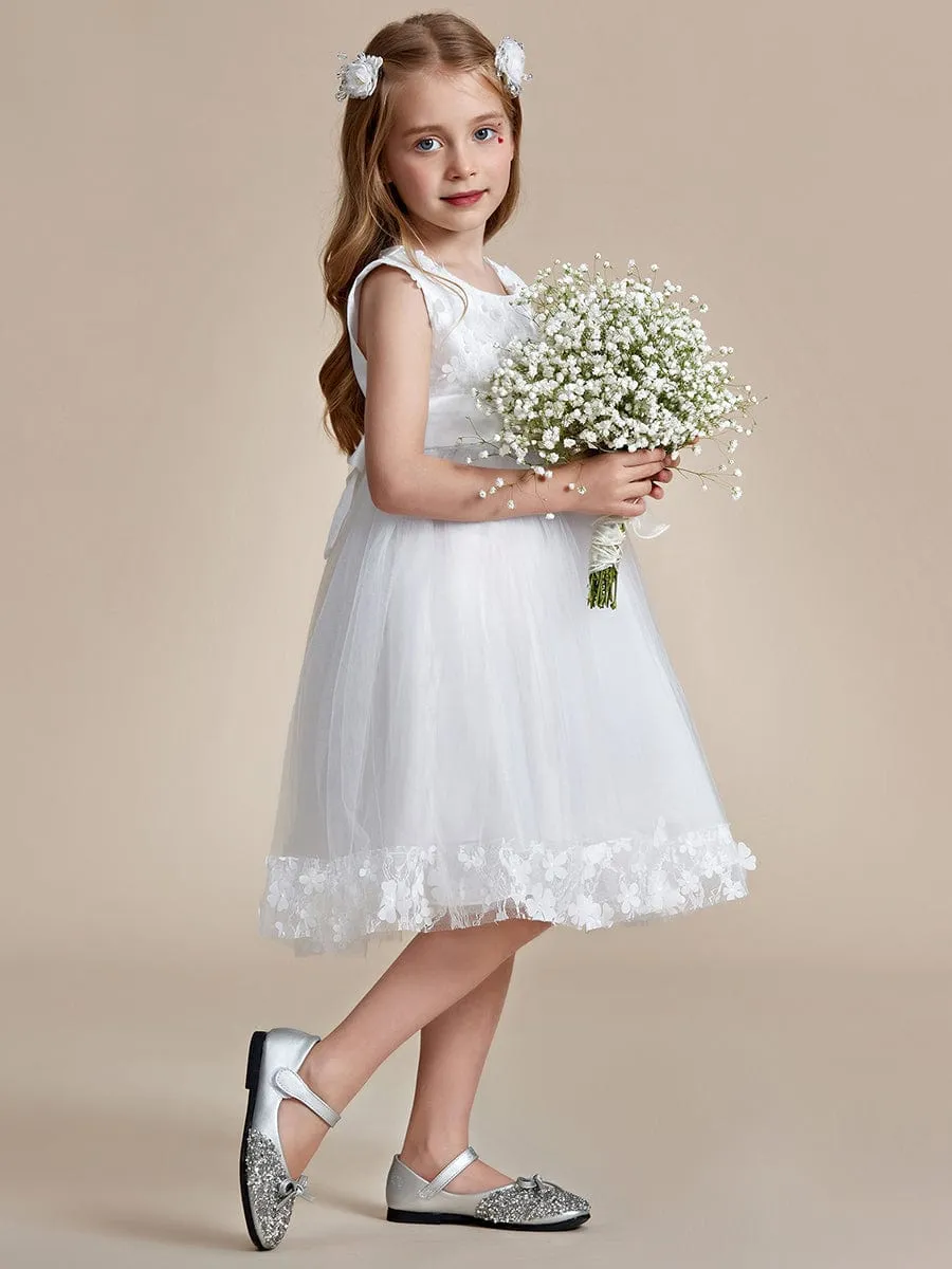 Flower Adorned Sheer Flower Girl Dress with Butterfly Bows