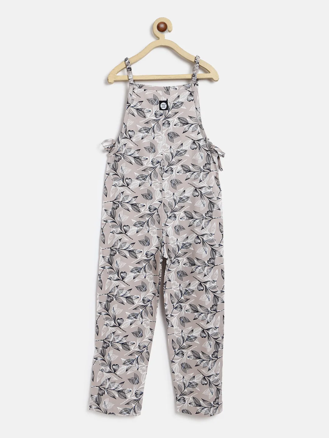 Girls Beige Printed Dungaree