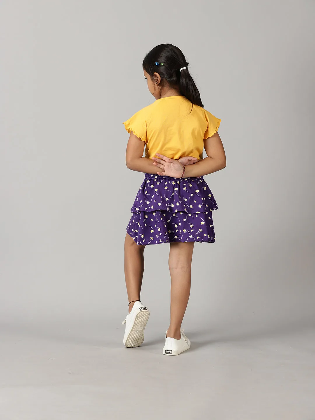 Girls Printed Raglan Sleeve Tee With AOP Printed Layerd Skirt Set