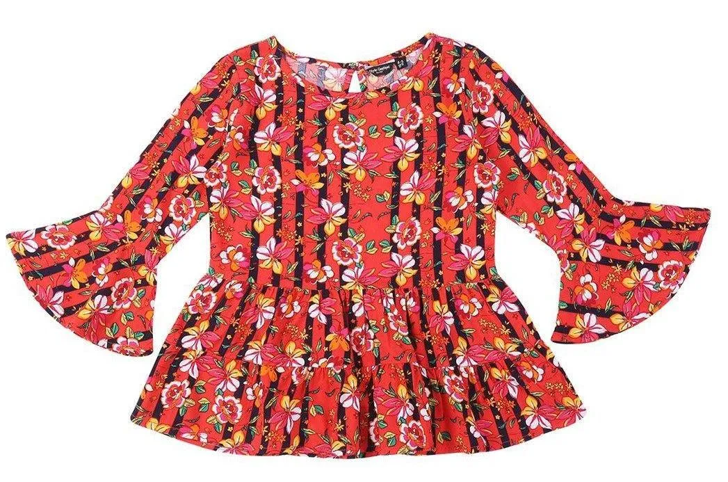 Girls Red Printed Peplum Top