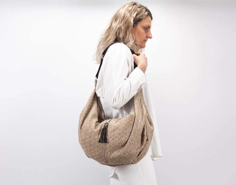 Kallia crossbody bag - Beige patterned wool and leather