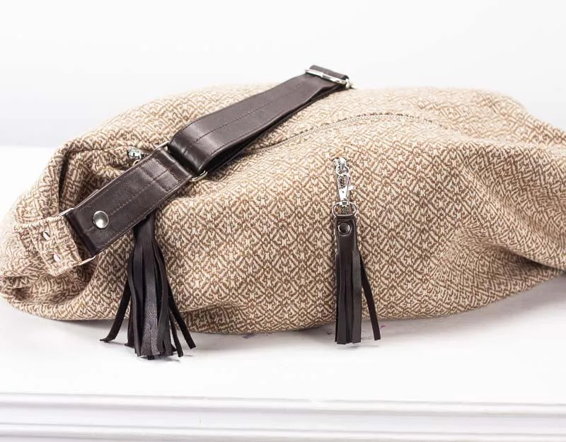 Kallia crossbody bag - Beige patterned wool and leather