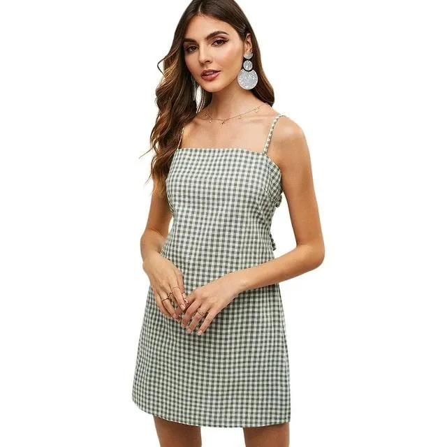 Knotted Plaid Back Zipper Cami Dress