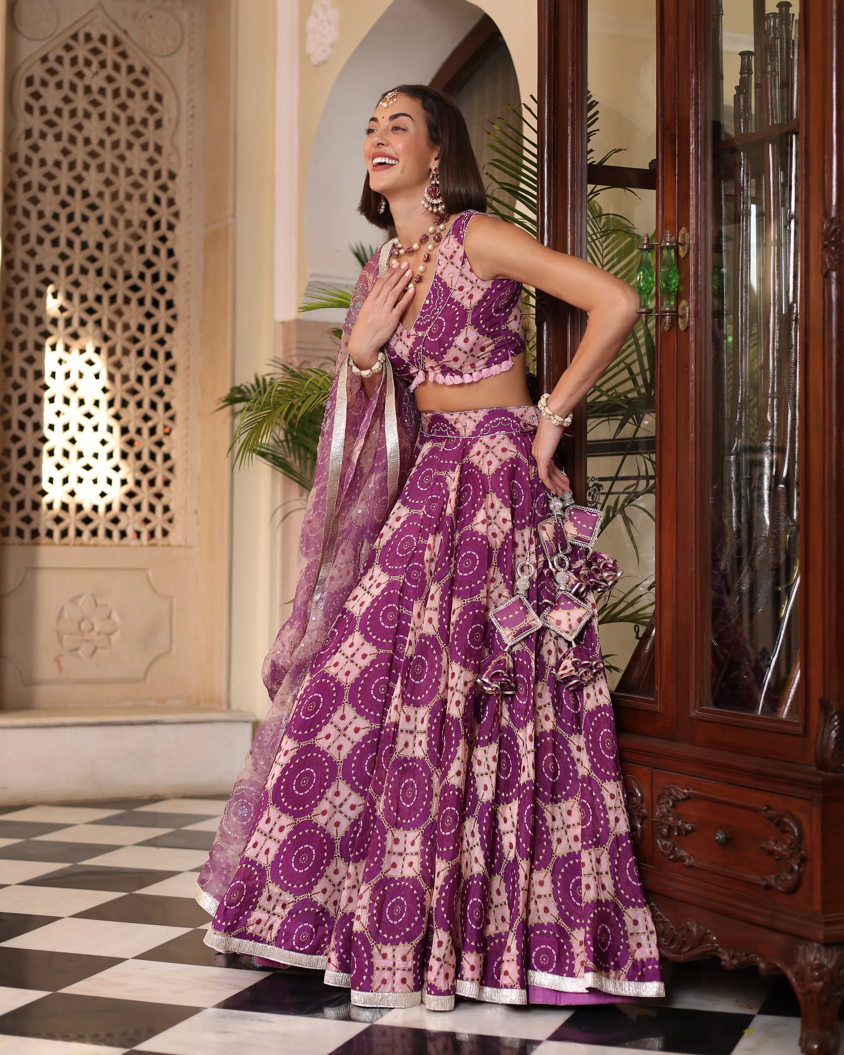 Lavender Printed Satin Lehenga Set