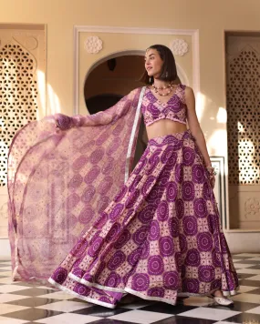 Lavender Printed Satin Lehenga Set