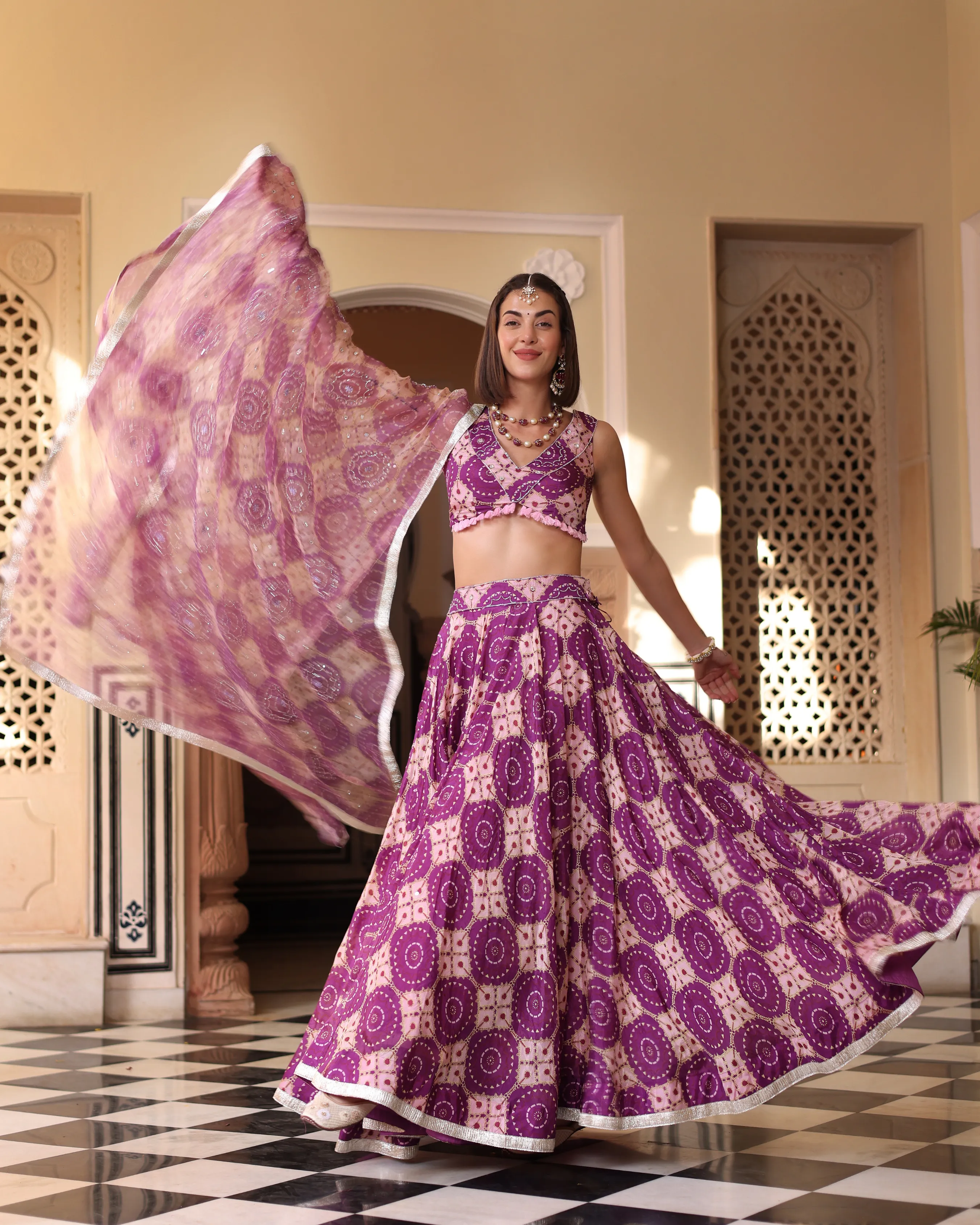 Lavender Printed Satin Lehenga Set