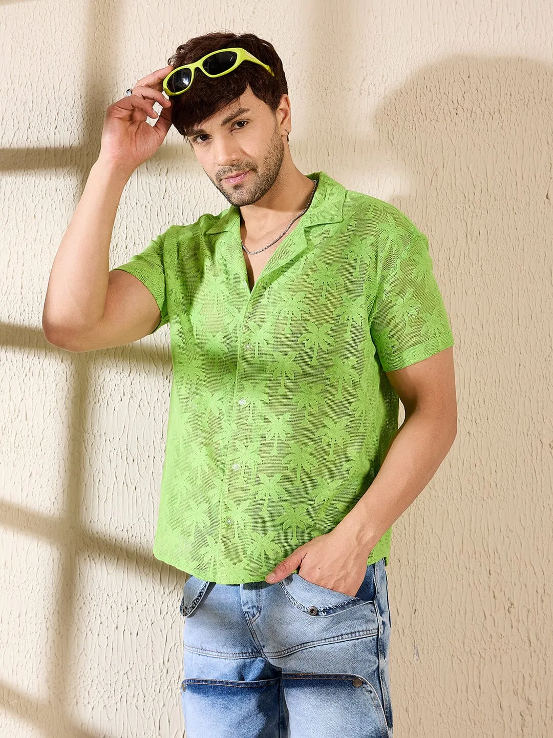 Lime Green Palm Sheer Cuban Shirt