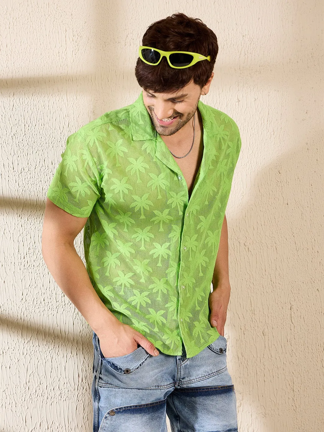 Lime Green Palm Sheer Cuban Shirt