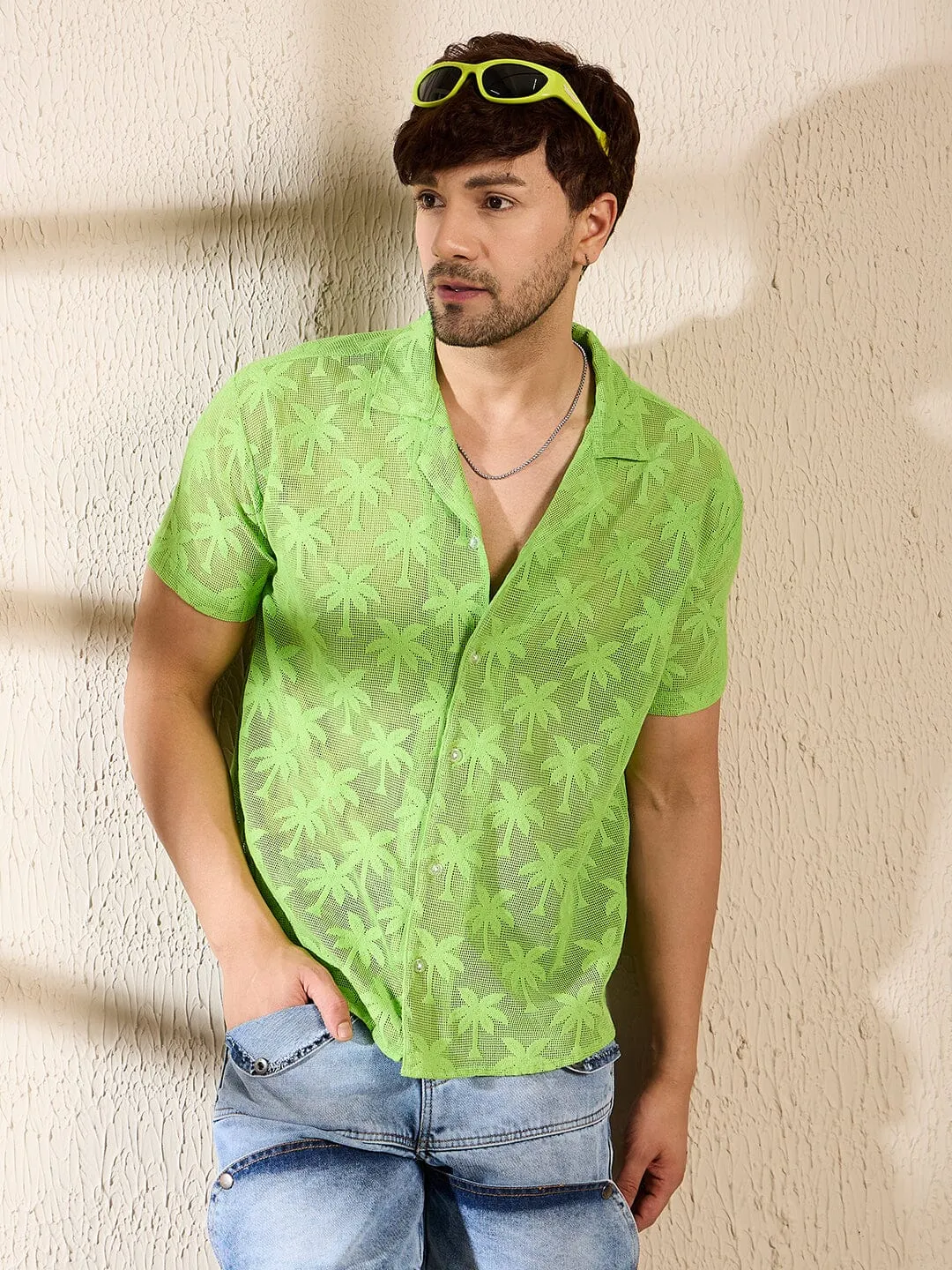 Lime Green Palm Sheer Cuban Shirt